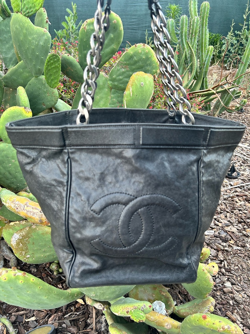 CHANEL Black Caviar CC Logo Chain-Handle Tote